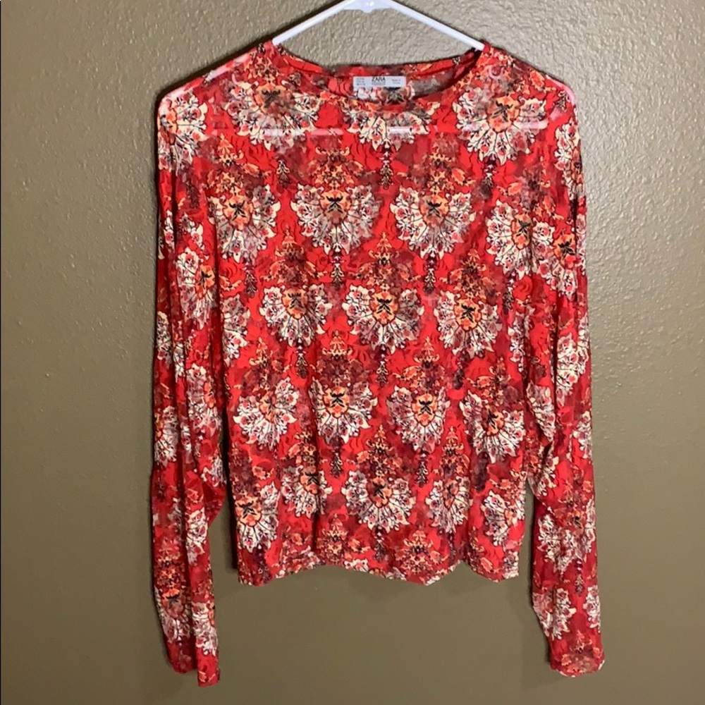 Red floral mesh see through long sleeve top